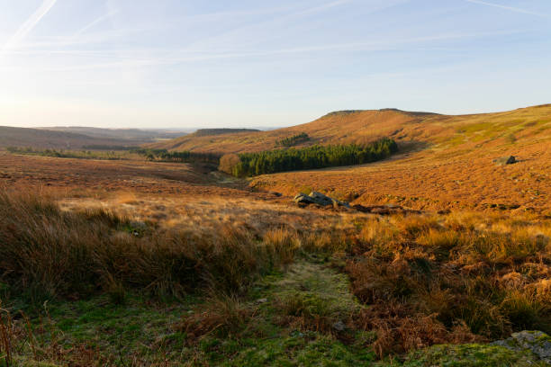 ein dunstiger wintermorgen im burbage valley in der nähe von sheffield - hillfort stock-fotos und bilder