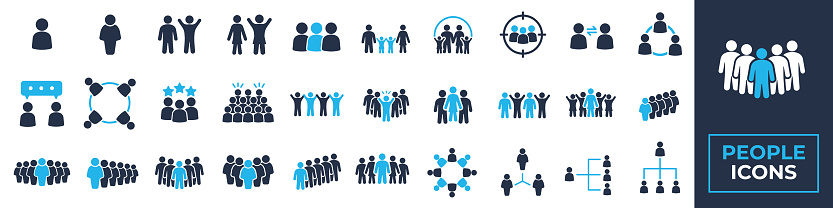 Crowd and people icons set. Group of people, team, family, human, population, community, friends solid icons collection. Vector illustration.