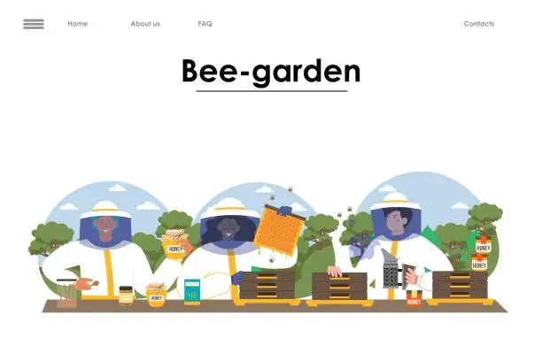 Vector illustration of Professional farmer work on bee garden vector landing page