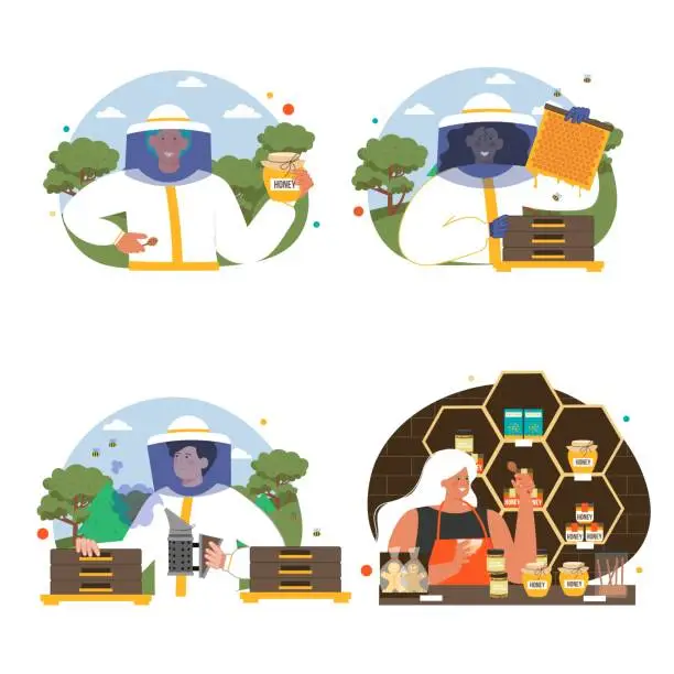 Vector illustration of Beekeepers working at honey production farm vector