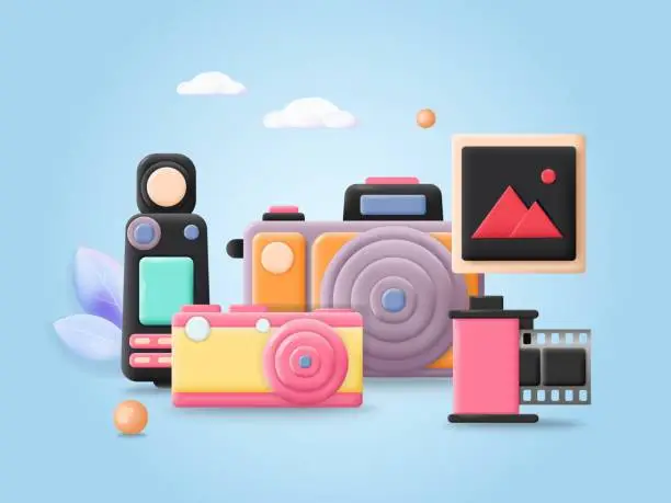 Vector illustration of Digital photo camera collection 3d vector poster