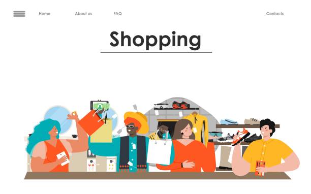 wektorowa strona docelowa usługi zakupów w sklepie spożywczym - shopping supermarket department store women stock illustrations