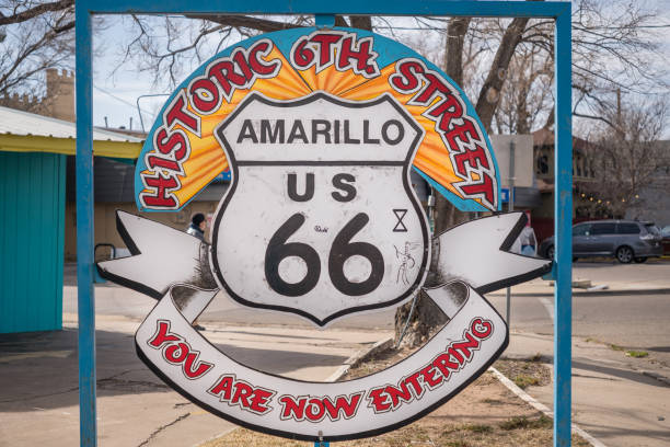Route 66 - Amarillo, Texas Amarillo, TX, US-December 3, 2022: Sign for the Historic 6th Street District and US Route 66. number 66 stock pictures, royalty-free photos & images