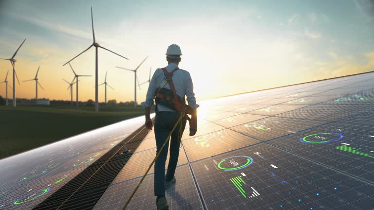 Professional Male Sustainable Energy Engineer Walking On Industrial Solar Panel, Wearing Safety Equipment. Man Inspecting Green Energy Farm With Wind Turbines. VFX Infographics Animation Shows Data.