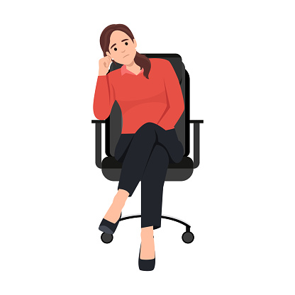 Business woman sad sitting on office chair with tired face and looking at viewer. Think about problem. Female executive manager or CEO. Flat vector illustration isolated on white background