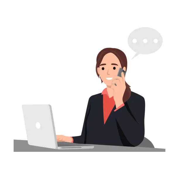 Vector illustration of Business woman sitting at workplace desk front view business woman using computer while talking on landline phone working process concept creative. Flat vector illustration isolated on white background