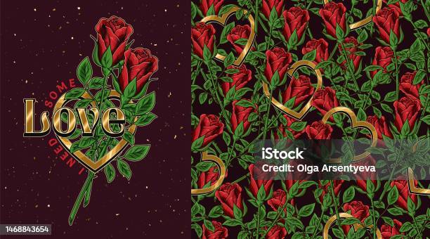 Rose Background Pattern Label Set Of Pattern Label With Red Roses Heart Stock Illustration - Download ...