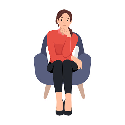 Young woman sitting in a chair. A girl employee in an armchair thinking about her life problem with hand on chin. Flat vector illustration isolated on white background