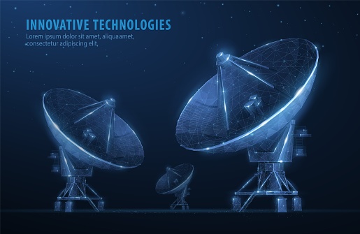 Parabolic antenna. Abstract 3d satellite antenna. Radio telecommunication, astronomical telescope, military radar, universe research observatory, data transmit, satellite signal receiver concept