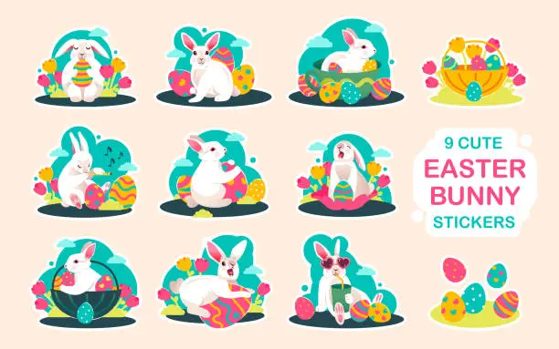 Vector illustration of Stickers with Easter bunnies, spring flowers and colored eggs. Easter spring elements. Vector flat illustration.