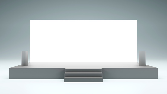 Escenario simple con podio y telón de fondo en blanco para la presentación del evento, renderizado 3D photo