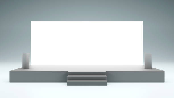 simple stage with podium and blank backdrop for event presentation, 3d rendering - set imagens e fotografias de stock