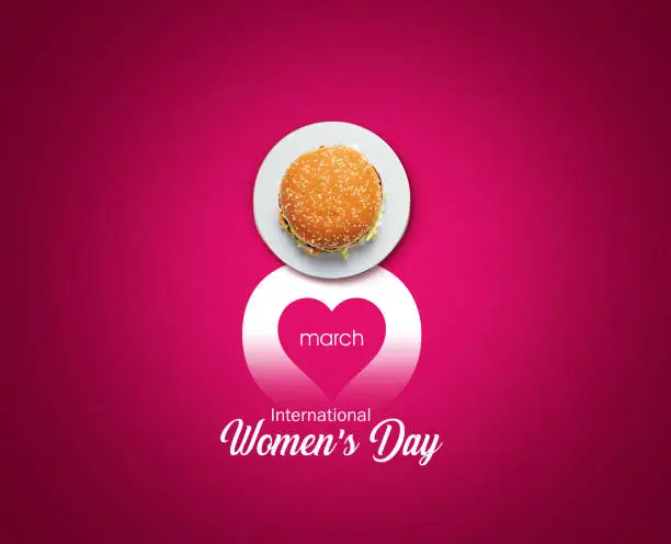 Women's day March 8 number symbol by burger. Holiday restaurant women's day concept with burger. burger on 8 shape isolated on color background.