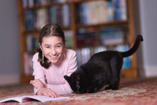 Eight-year-old girl with long, brown hair disturbed by her cat whilst reading. Focus on girl's eyes.