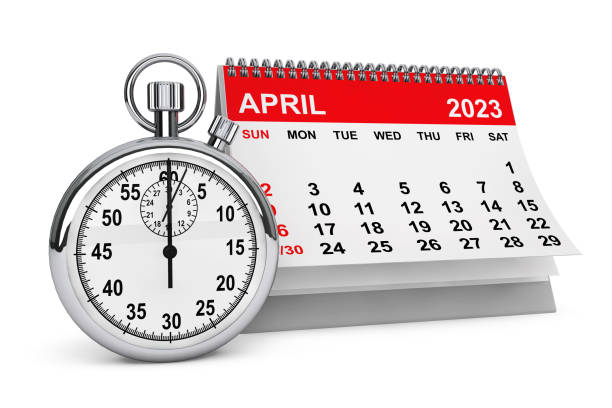 calendario aprile 2023 con cronometro. rendering 3d - april 2012 calendar year foto e immagini stock