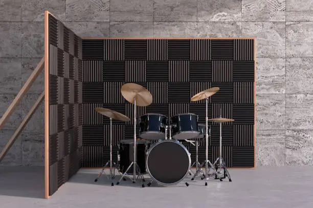 Photo of Black Professional Rock Black Drum Kit in Studio Music Recording Room with Dampening Acoustic Foam Panel Walls. 3d Rendering