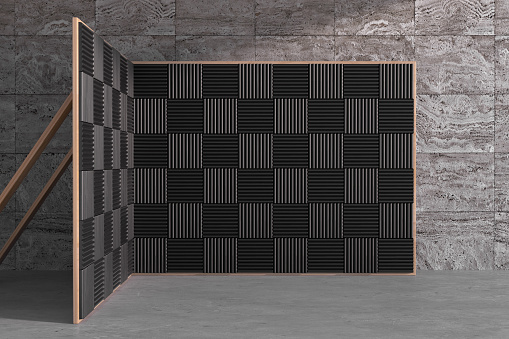 Sala de grabación vocal o musical con paredes de panel de espuma acústica amortiguadora. Renderizado 3D photo