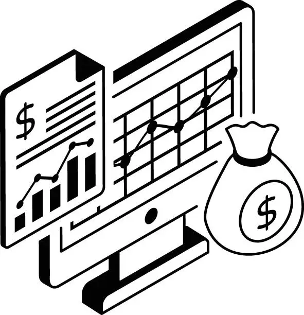 Vector illustration of Cash Bill and Credit Trends Vector isometric outline Icon Design , Business Finance Symbol, Treasury and Capital Budget Sign, Financial Analysis and Control stock illustration, Resources and expenditures Concept