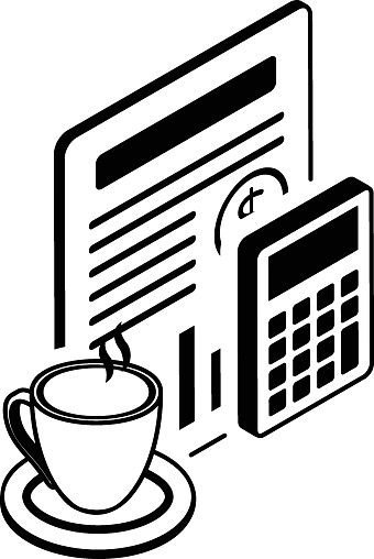 Yearly Report with tea cup Vector isometric outline Icon Design , Business Finance Symbol, Treasury and Capital Budget Sign, Financial Planning, Analysis and Control stock illustration, Reconciliation Accounting  Concept