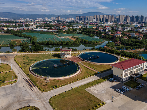 Aerial view of circular sewage tank of sewage treatment plant