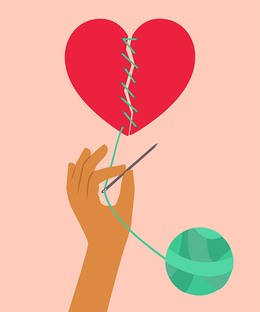 Hand trying to mend a broken heart by sewing. Vector illustration