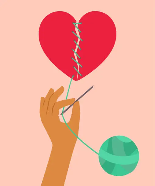 Vector illustration of Hand trying to mend a broken heart by sewing