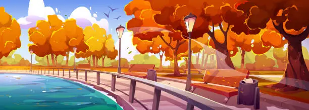 Vector illustration of Autumn quay in park landscape perspective view