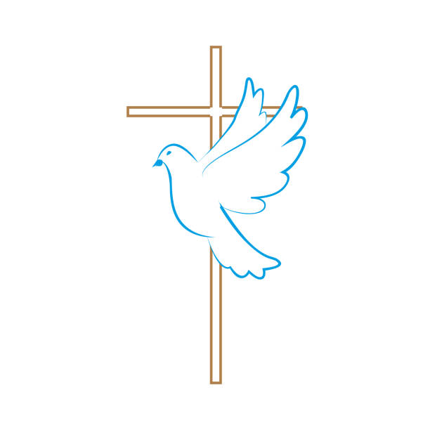 鳩。愛、自由の象徴。十字架の近くで飛んでいる鳩。聖霊。クロスハト。平和の象徴。鳩。 - freedom praying spirituality silhouette点のイラスト素材／クリップアート素材／マンガ素材／アイコン素材