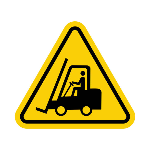 ilustrações de stock, clip art, desenhos animados e ícones de sign for forklifts and other industrial vehicles. yellow triangle warning sign with forklift icon inside. - construction site sign road warning sign warning sign