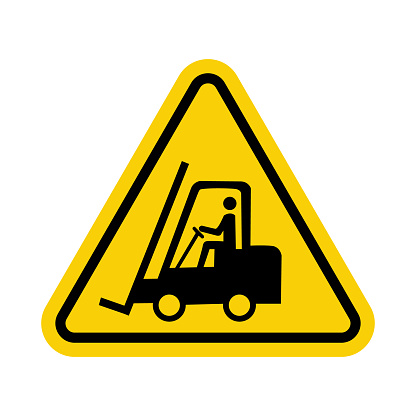 Sign for forklifts and other industrial vehicles. Yellow triangle warning sign with forklift icon inside