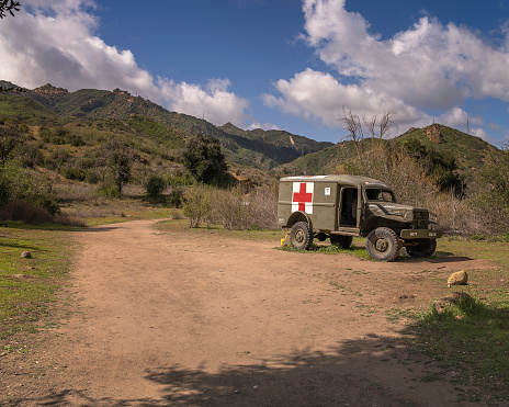 February 22, 2023, Calabasas, CA, USA: An old Army ambulance, used on the tv show MASH, lies abandoned on the old set at Malibu Creek State Park in Calabasas, CA.