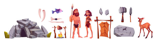 Cave man and woman, prehistoric primitive people Cave man and woman, prehistoric primitive people in stone age cartoon icons set. Pelt, weapon and mammoth tusk, fire with frying meat, ancient hoofed animal and fish, Isolated vector illustration çatalhöyük stock illustrations