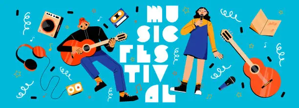 Vector illustration of Music festival banner girls sing and play guitar