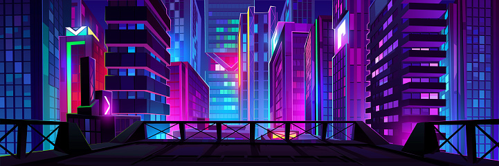 Rooftop view of night cityscape with neon lights. Modern megalopolis architecture, apartment buildings, colorful skyscrapers glowing in darkness. Big city life background. Vector cartoon illustration