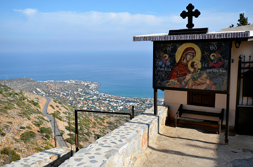 Greece, Crete, Holy Monastery of Panagia Theogennitoros and view to Stalida on Mediterranean sea