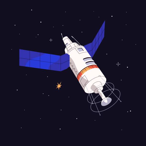 istock Artificial satellite flying in outer space. Cosmic equipment, station with panels, radars for broadcasting, telecommunication, transmitting TV signal, internet connection. Flat vector illustration 1468860017