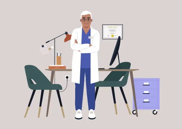 Vector illustration of A senior male doctor wearing a white robe in their cabinet, a medical checkup appointment