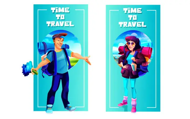 Vector illustration of Travel and tourism concept in cartoon style. Booklet template with a young couple of tourists on the background of a sunny summer landscape.