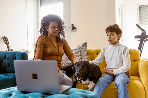 This video captures a multiracial mother and son as they use a laptop to video call a veterinary for their dog's medical problems. Both the mother and son seem concerned and focused on the call, displaying a deep love and concern for their furry friend