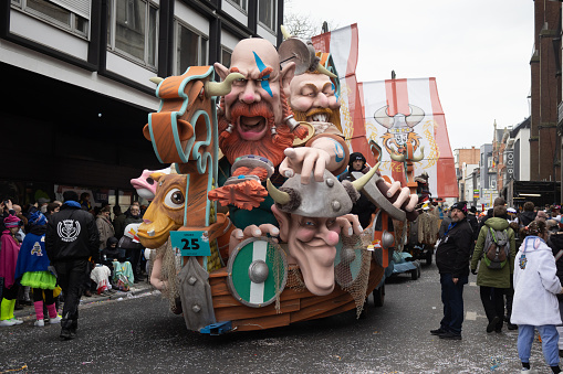 Aalst, Belgium, 19 February 2023: Viking themed Carnival float in Aalst's annual Mardi Gras street parade. The annual Carnival parade attracts around 1000.00 spectators each year.