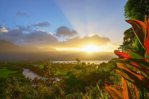 Sunset over Hanalei Bay in Kauai Hawaii USA