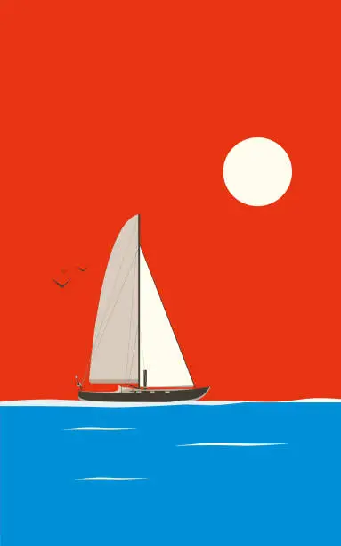 Vector illustration of A yacht or a boat or a sea vessel is sailing on the sea