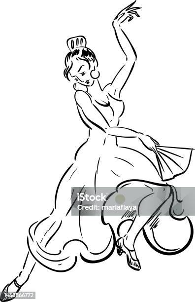 Coloring Page Flamenco Dancer In Dress With Fan In Line Drawing Style