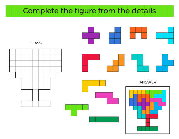 ilustraciones, imágenes clip art, dibujos animados e iconos de stock de juego de rompecabezas con cristal. detalles coloridos para niños. figura completa. juego educativo para niños, actividad de hoja de trabajo preescolar. - cup dice leisure games nobody