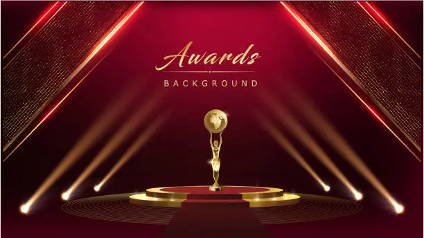 Vector illustration of Red Carpet Bollywood Stage Maroon Steps Spot Light Golden Royal Awards Graphics Background Elegant Shine Modern Template Luxury Premium Corporate Abstract Design Template Banner Certificate Dynamic