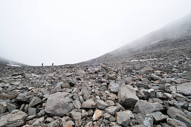 People hiking up to the mountain of Kebnekaise in a thick fog.