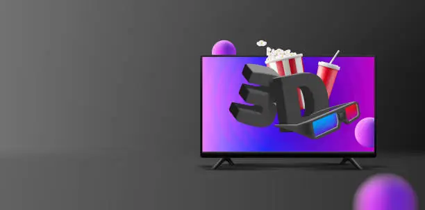Vector illustration of Home online cinema 3d. A modern image of a plasma TV with a flying image of popcorn, soda, 3d glasses, and purple layers outside the screen. Banner on a dark background.