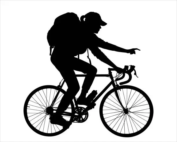 Vector illustration of A girl is riding a bicycle. A woman on a bike with a large tourist backpack on her back and a cap. A tourist points forward with her hand. Bicycle tourism. Side view. Black color silhouette isolated.