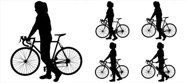 Vector illustration of Big set of female cyclists silhouettes. The girl is holding the steering wheel of her bike. A woman walks next to a bicycle. A group of cyclists. Sport. Side view. Black color silhouette isolated