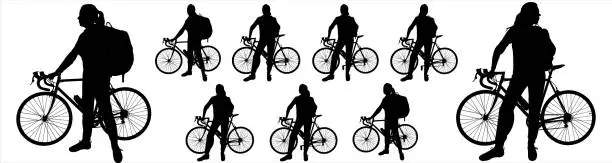 Vector illustration of Big set of female cyclists silhouettes. A girl with a large tourist backpack behind her is standing near a bike. A woman's hand holds on to the steering wheel of a bicycle. Side view. Black silhouette